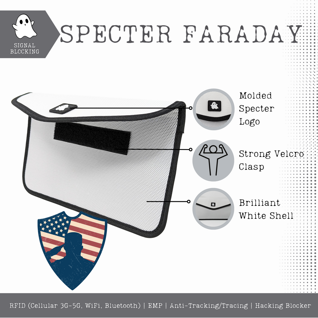 2023 White Specter Faraday Case | Reflects RFID (Cellular 3G-5G, WiFi, Bluetooth)